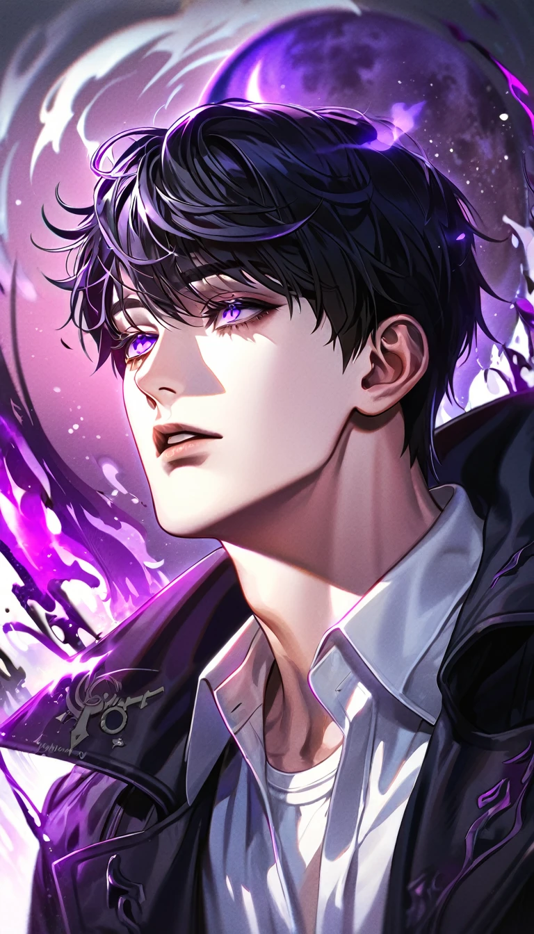 absurdres, highres, ultra detailed, HDR, masterpiece, extremely detailed face and eyes, Sung Jinwoo, solo leveling, black hair, expressive purple eyes, black coat, white shirt, purple moon, purple flames, solo, man, handsome