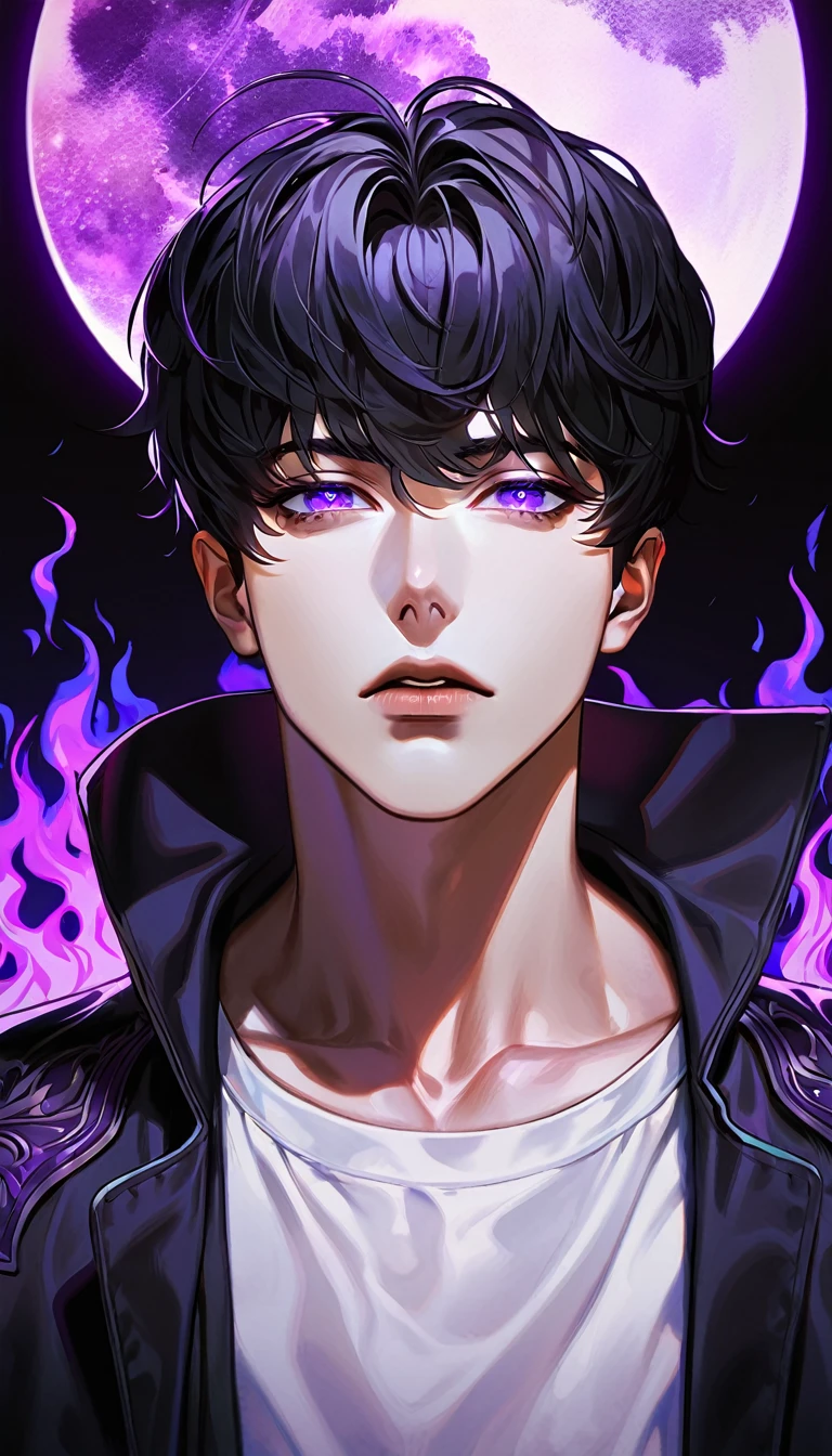absurdres, highres, ultra detailed, HDR, masterpiece, extremely detailed face and eyes, Sung Jinwoo, solo leveling, black hair, expressive purple eyes, black coat, white shirt, purple moon, purple flames, solo, man, handsome