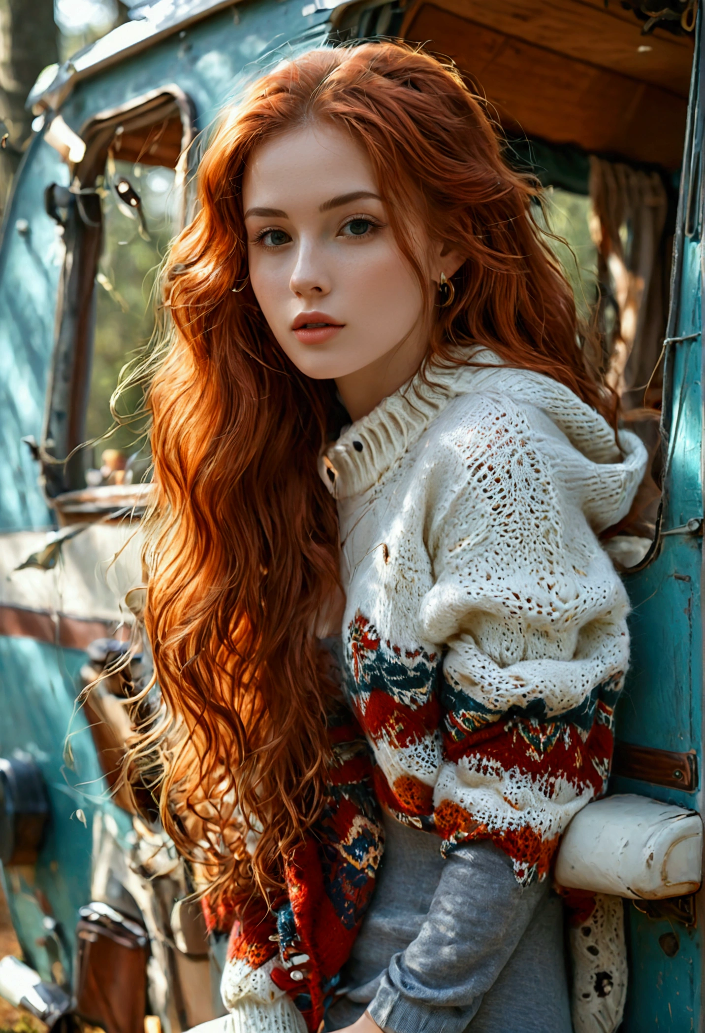 (full body shot:1.7) photorealistic image of a (leaning pose:1.1) woman, ultra realistic, photography, long red hair, girl, 24 years old, hourglass figure, perfect body, Flirty look, natural medium breasts, blur background, posing with a belly-free sweater, leaning on a caravan parked in the woods, she wears white sneakers, long legs,