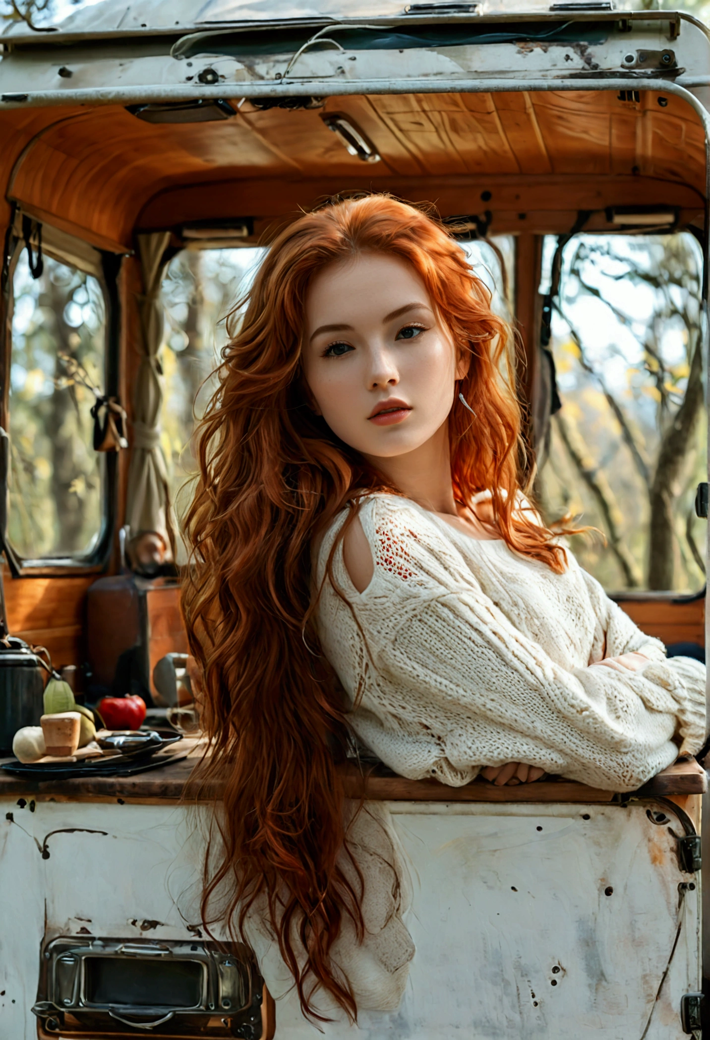 (full body shot:1.7) photorealistic image of a (leaning pose:1.1) woman, ultra realistic, photography, long red hair, girl, 24 years old, hourglass figure, perfect body, Flirty look, natural medium breasts, blur background, posing with a belly-free sweater, leaning on a caravan parked in the woods, she wears white sneakers, long legs, 