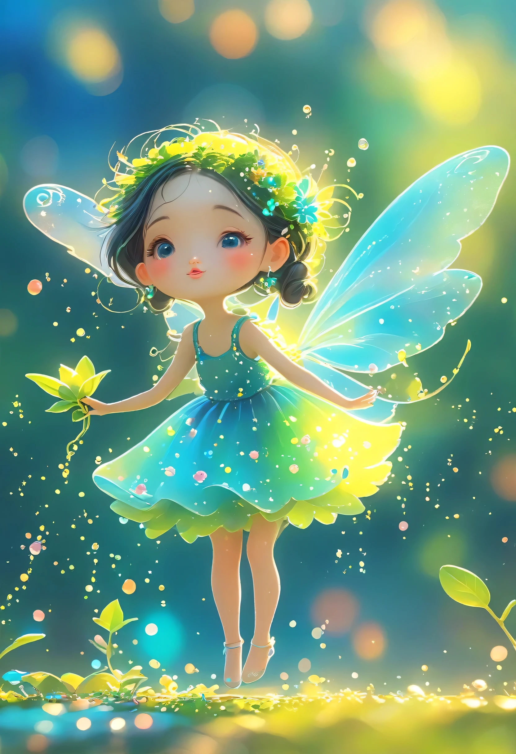 (masterpiece, Highest quality:1.2), Cartoon clumsy fairy close-up on a blue background, Cute Fairy、Beautiful and detailed digital art, 4K High Resolution、Illustration wallpaper, Cute Fairy、Blurred dream picture, 4K 、HD Wallpaper Illustration, Cute 3D rendering, Beautiful artistic illustration, 2D illustration, 2D illustration, Blurry dreamy illustration, Spectacular concept art. Bokeh、Depth of subject, 1qpnh1