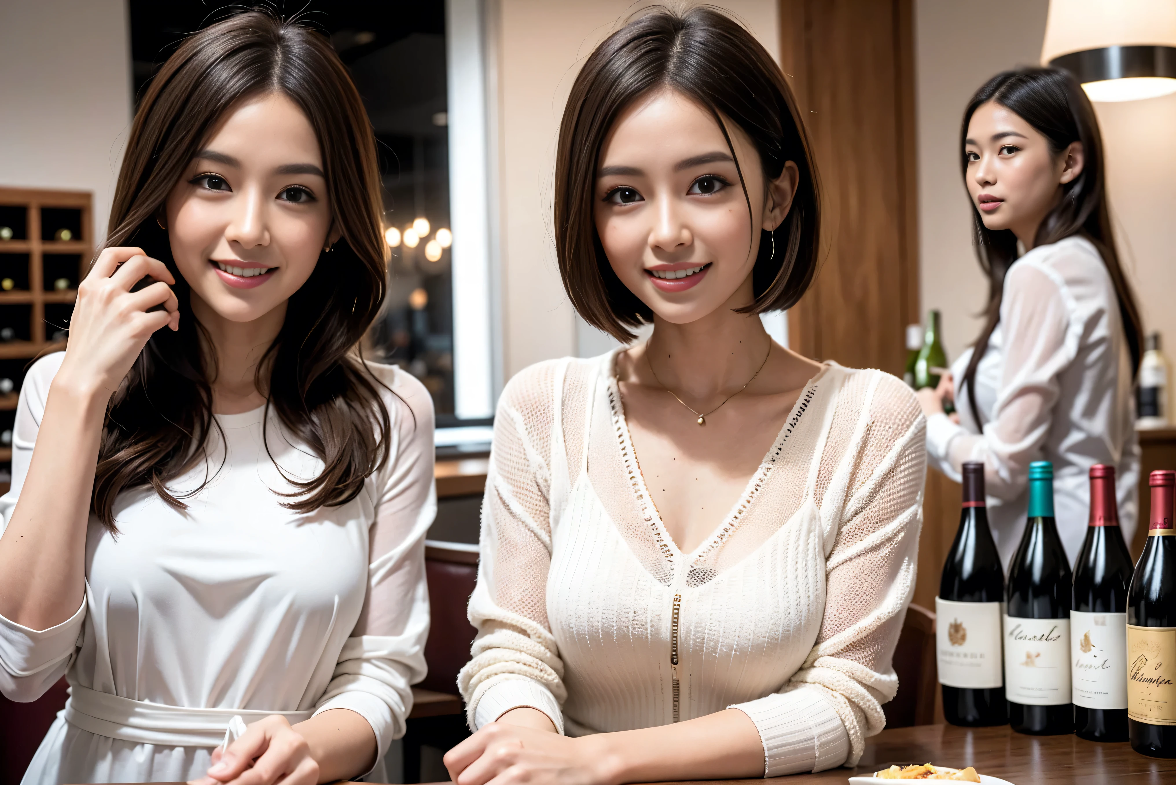 (Realistic:1.1),(masterpiece,Highest quality),8k,(49 years old), 50 years old, slimカップル、Tight waist,Upper Body,full-course dinner、wine 、Amazing view of the sunset sky and clouds、Perfect Anatomy, Brown Hair, short hair,Random Hairstyles,((Highly detailed face and eyes:1.2)),Perfect golden ratio face,Long sleeve shirt、dress,(smile:1.2)、Shortcuts、cute、(Realistic, Intricate details:1.2), A bright smile、short hair,Bright Face、赤wine 、Appetizers、Italian food、wine bottle、Champagne、スパークリングwine、(slimな顔), (The body is slim), (Brown Hair), (Shortcuts), Upper Body, 白wine, slim, wineグラス,