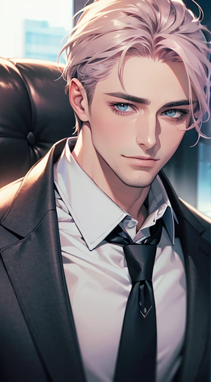 (Highest quality,4K,8K,High resolution,masterpiece:1.2),Super detailed,(Realistic,photoRealistic,photo-Realistic:1.37),1 person,31 years old,Mature Men,Beautiful skin、very handsome,Expressionless,smile,Short gray pink hair,blue eyes,Sharp Eyes,A perfect face without a doubt,Businessman,Office Background,Cinema Lighting,HDR image,tie、