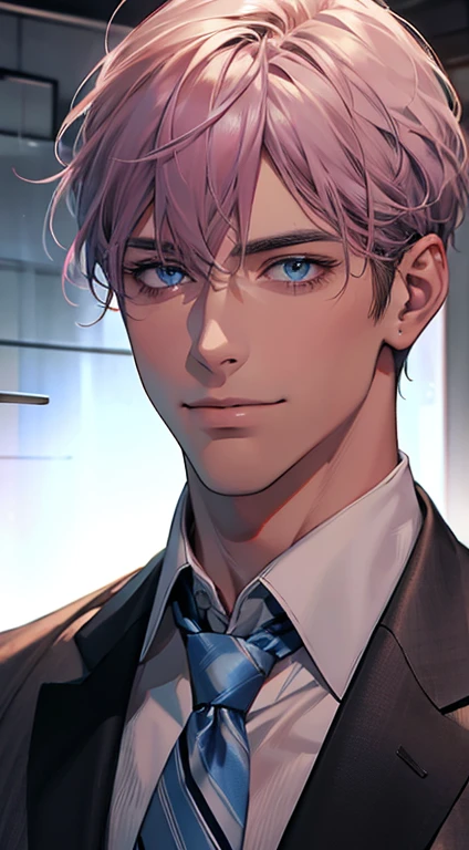(Highest quality,4K,8K,High resolution,masterpiece:1.2),Super detailed,(Realistic,photoRealistic,photo-Realistic:1.37),1 person,31 years old,Mature Men,Beautiful skin、very handsome,Expressionless,smile,Short gray pink hair,blue eyes,Sharp Eyes,A perfect face without a doubt,Businessman,Office Background,Cinema Lighting,HDR image,tie、