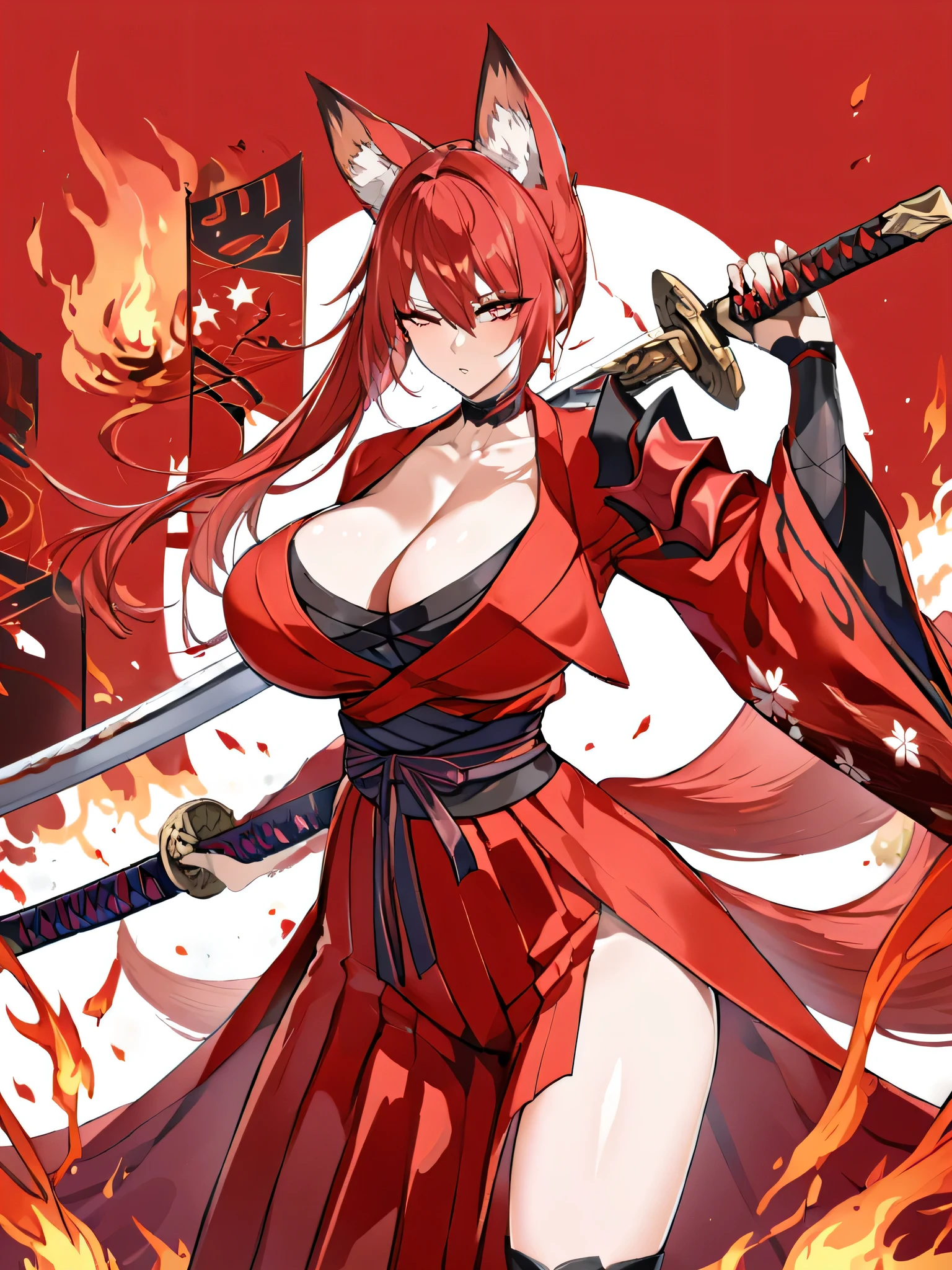  8K Highest quality Long red ponytail Red fox ears Nine fox tails Very large breasts Flaming Japanese sword Red jacket Long hakama Red eyeshadow on lower eyelids Red burning background Japanese style Samurai Burning hell 