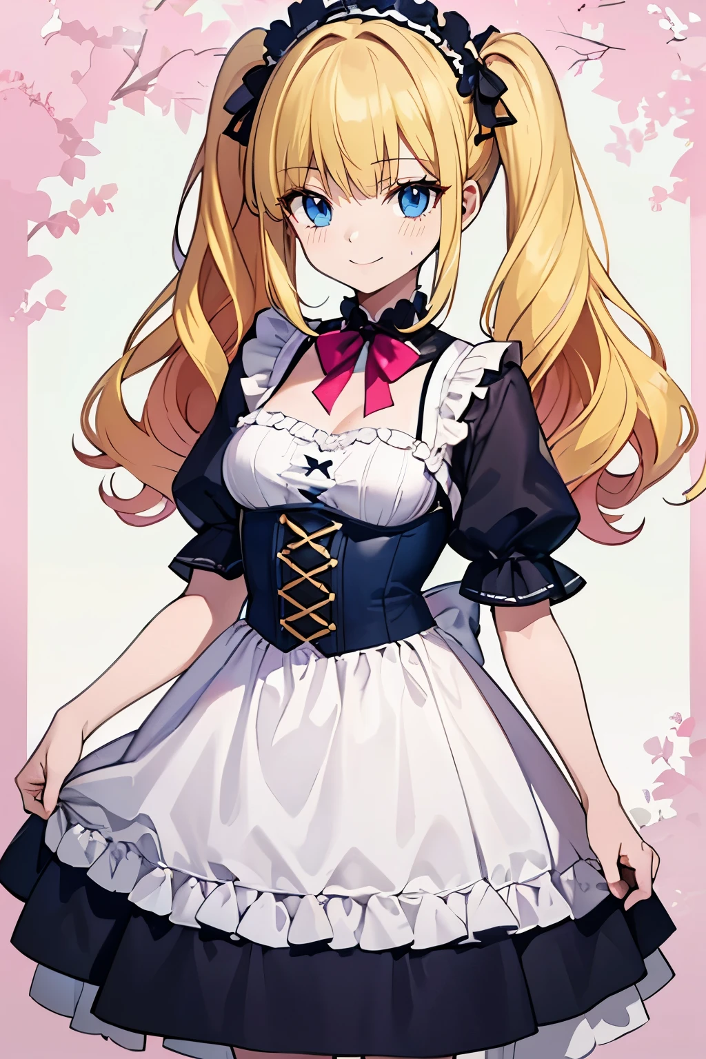 Safe for work, masterpiece, best quality, solo, 1 girl,  cute girl, wholesome girl, (young female body:1.4), ( medium small breasts), cowboy shot, shy smile, flustered, yellow hair, thick wavy hair, hime cut, very blunt bangs, light blue eyes, detailed eyes, outside, ****ta fashion, pink red ****ta dress, pigtails, cozy background