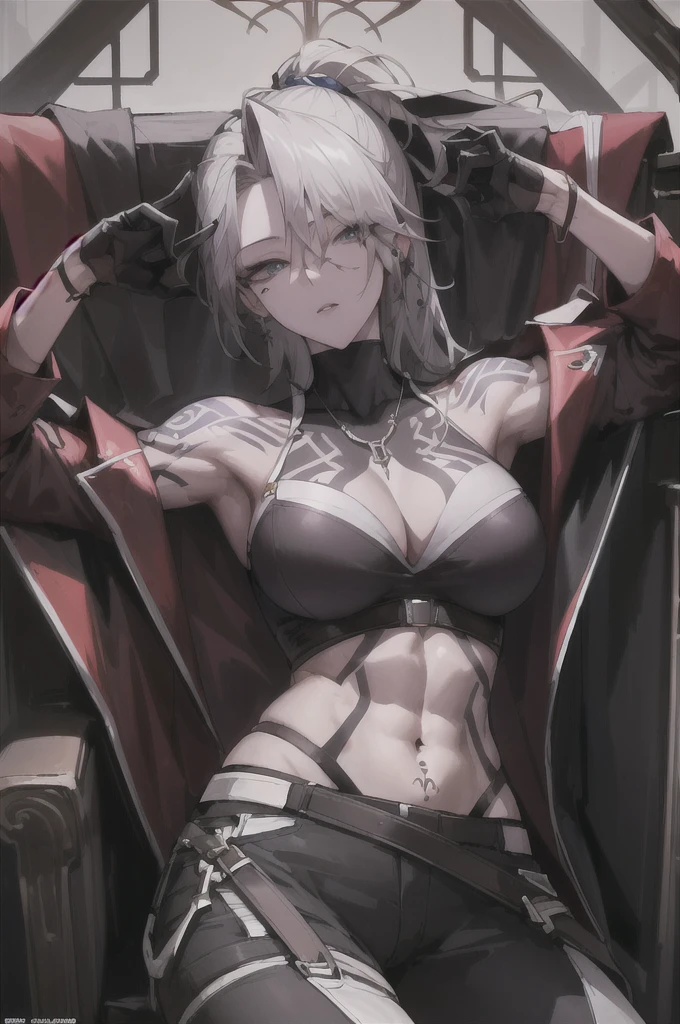 ((masterpiece:1.2, best quality, high_resolution, distinct_image)), zoya, muscular female, sharp eye, tattoo,perfect lighting, big breasts,