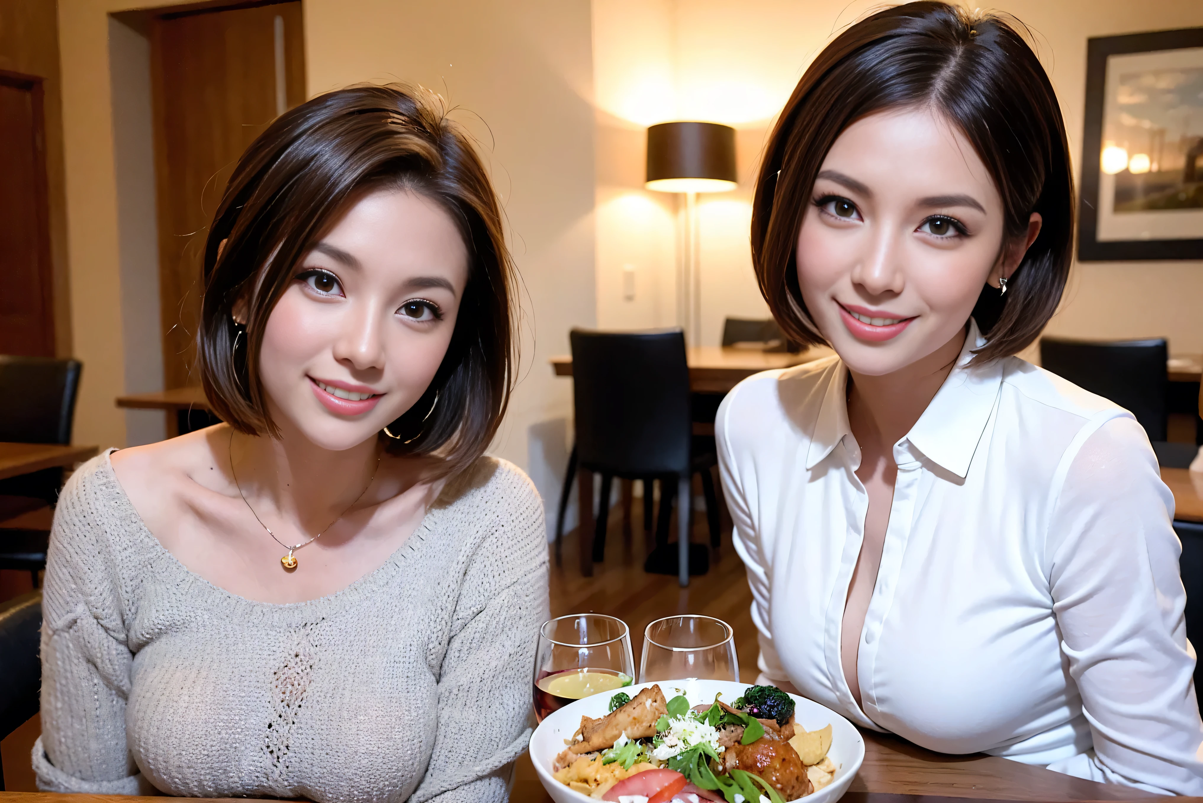 （Realistic:1.1）,(masterpiece,Highest quality)，8k,(49 years old), 50 years old, slimカップル、Tight waist,Upper Body,full-course dinner、wine 、Amazing view of the sunset sky and clouds、Perfect Anatomy, Brown Hair, short hair,Random Hairstyles,((Highly detailed face and eyes:1.2))，Perfect golden ratio face，Long sleeve shirt、dress,(smile:1.2)、Shortcuts、cute、(Realistic, Intricate details:1.2), A bright smile、short hair,Bright Face、赤wine 、Appetizers、Italian food、wine bottle、Champagne、スパークリングwine、(slimな顔), (The body is slim), (Brown Hair), (Shortcuts),  Upper Body, 白wine, slim, wineグラス, 