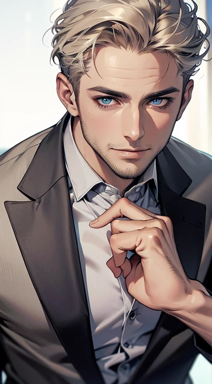 (best quality,4k,8k,highres,masterpiece:1.2),ultra-detailed,(realistic,photorealistic,photo-realistic:1.37),1 man,31 years old,mature man,very handsome,without expression,smile,short grey golden hair,blue eyes,penetrating gaze,perfect face without errors,imposing posture,businessman,office background,cinematic lighting,hdr image