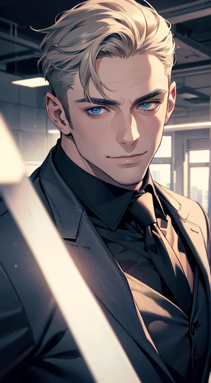 (best quality,4k,8k,highres,masterpiece:1.2),ultra-detailed,(realistic,photorealistic,photo-realistic:1.37),1 man,31 years old,mature man,very handsome,without expression,smile,short grey golden hair,blue eyes,penetrating gaze,perfect face without errors,imposing posture,businessman,office background,cinematic lighting,hdr image