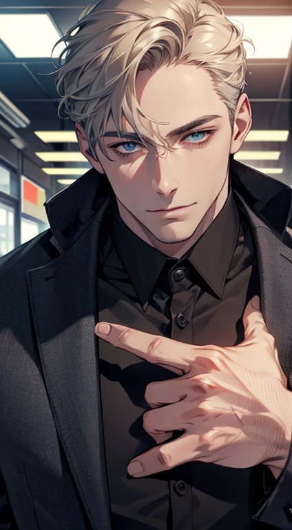 (best quality,4k,8k,highres,masterpiece:1.2),ultra-detailed,(realistic,photorealistic,photo-realistic:1.37),1 man,31 years old,mature man,very handsome,without expression,smile,short grey golden hair,blue eyes,penetrating gaze,perfect face without errors,imposing posture,businessman,office background,cinematic lighting,hdr image