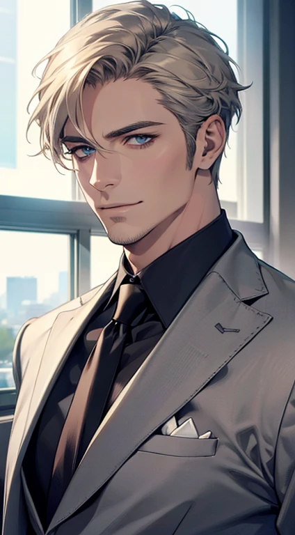 (best quality,4k,8k,highres,masterpiece:1.2),ultra-detailed,(realistic,photorealistic,photo-realistic:1.37),1 man,31 years old,mature man,very handsome,without expression,smile,short grey golden hair,blue eyes,penetrating gaze,perfect face without errors,imposing posture,businessman,office background,cinematic lighting,hdr image