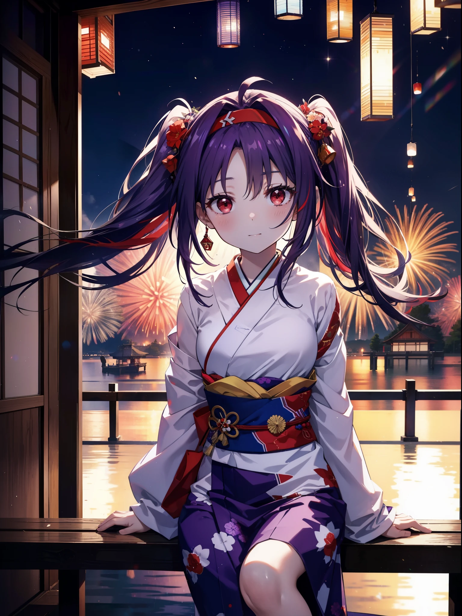yuukikonno, Yuuki Konno, hair band, Long Hair, Pointed Ears, Purple Hair, Ahoge,(Red eyes:1.5), (Small breasts:1.2),low twin tail,smile,blush,Open your mouth,Purple Kimono,Purple long skirt,Fireworks in the night sky,Fireworks,The place is a fireworks display,Time is night,sunny day,Sitting on a bench,A triangular piece of red watermelon is placed on a plate on a bench.,Wind Chimes,whole bodyがイラストに入るよう,
break looking at viewer, , whole body, (Cowboy Shot:1. 5)
break indoors, Veranda,Japanese garden,
break (masterpiece:1.2), Highest quality, High resolution, unity 8k wallpaper, (figure:0.8), (Beautiful attention to detail:1.6), Highly detailed face, Perfect lighting, Highly detailed CG, (Perfect hands, Perfect ???????),