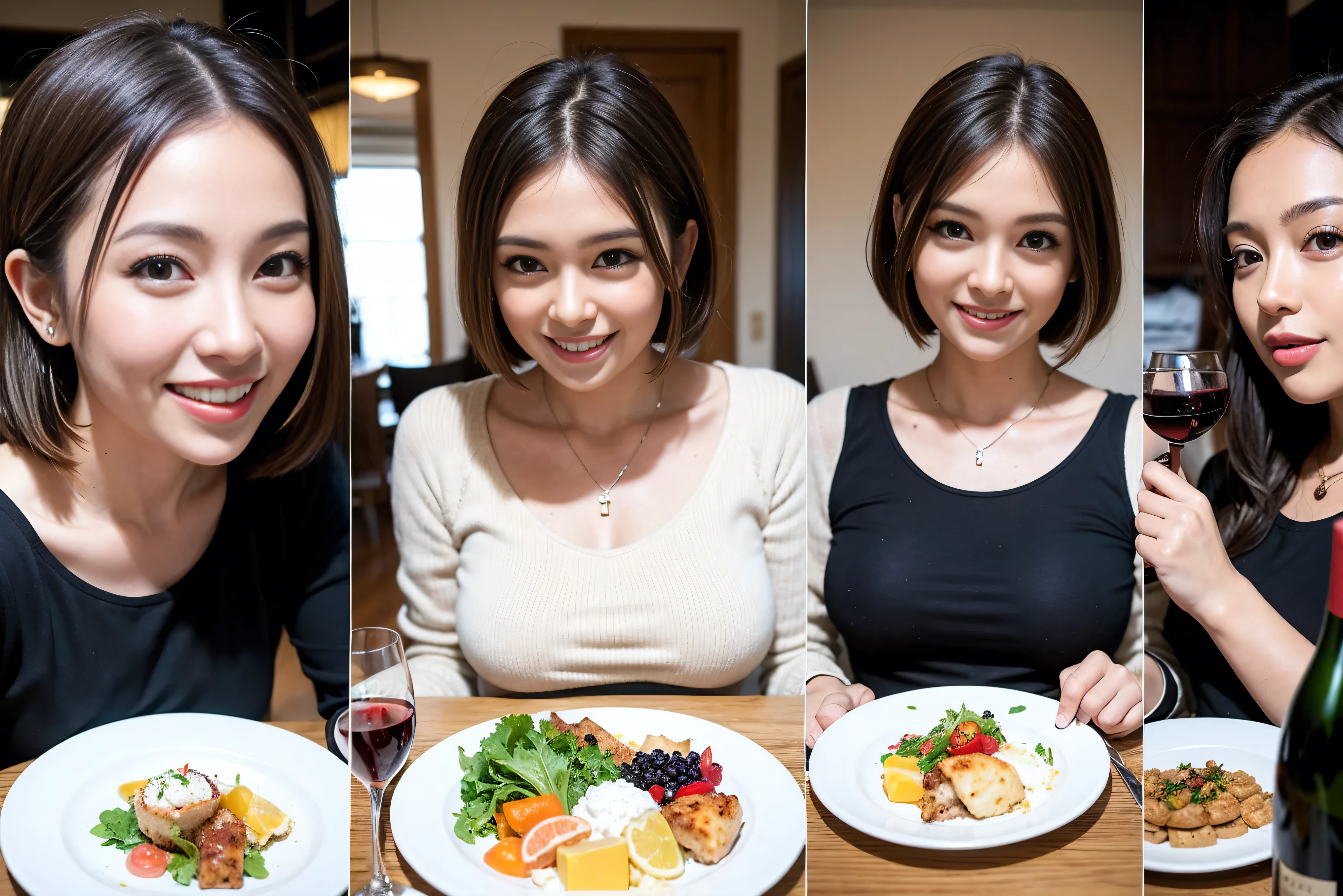 （Realistic:1.1）,(masterpiece,Highest quality)，8k,(49 years old), 50 years old, slimカップル、Tight waist,Upper Body,full-course dinner、wine 、Amazing view of the sunset sky and clouds、Perfect Anatomy, Brown Hair, short hair,Random Hairstyles,((Highly detailed face and eyes:1.2))，Perfect golden ratio face，Long sleeve shirt、dress,(smile:1.2)、Shortcuts、cute、(Realistic, Intricate details:1.2), A bright smile、short hair,Bright Face、赤wine 、Appetizers、Italian food、wine bottle、Champagne、スパークリングwine、(slimな顔), (The body is slim), (Brown Hair), (Shortcuts),  Upper Body, 白wine, slim, wineグラス, 