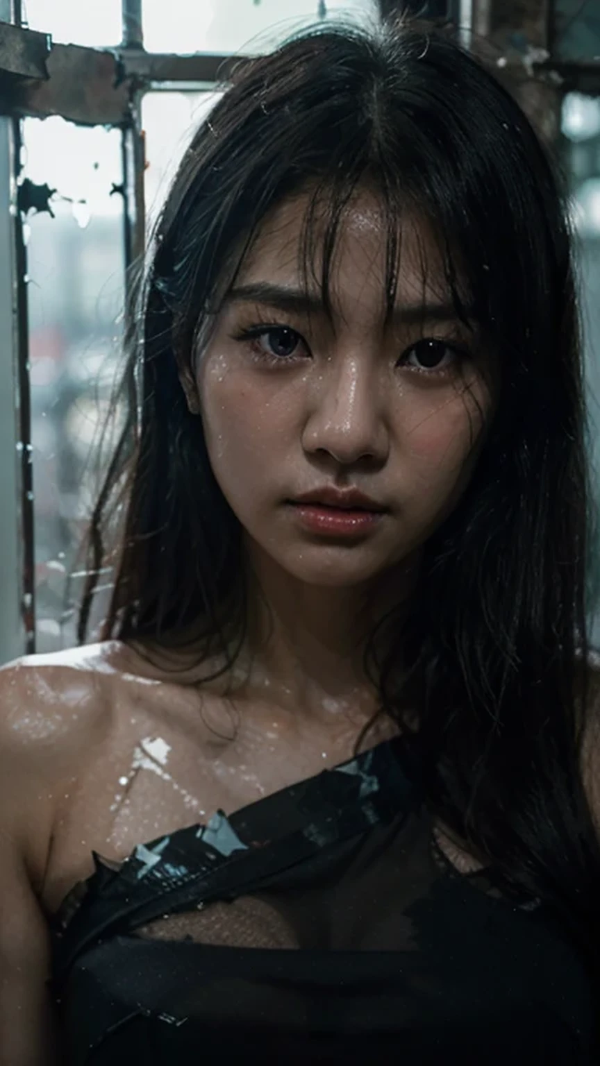 A photo that captures a dramatic and haunting scene of a korean woman's bare face, a hint of sweat visible on her skin, natural lips color, with blue eyes color, close your eyes, unkempt black hair visible through shattered glass, the glass grating into irregular shapes, with the light reflecting off the jagged edges, the woman's expression it's charming and intense, with her eyes staring into the distance, the background dark and slightly blurred, emphasizing the shattered glass and the woman's features.
Fog and water drops visible in the glass, mysterious atmosphere, chiarosuro, octane rendering