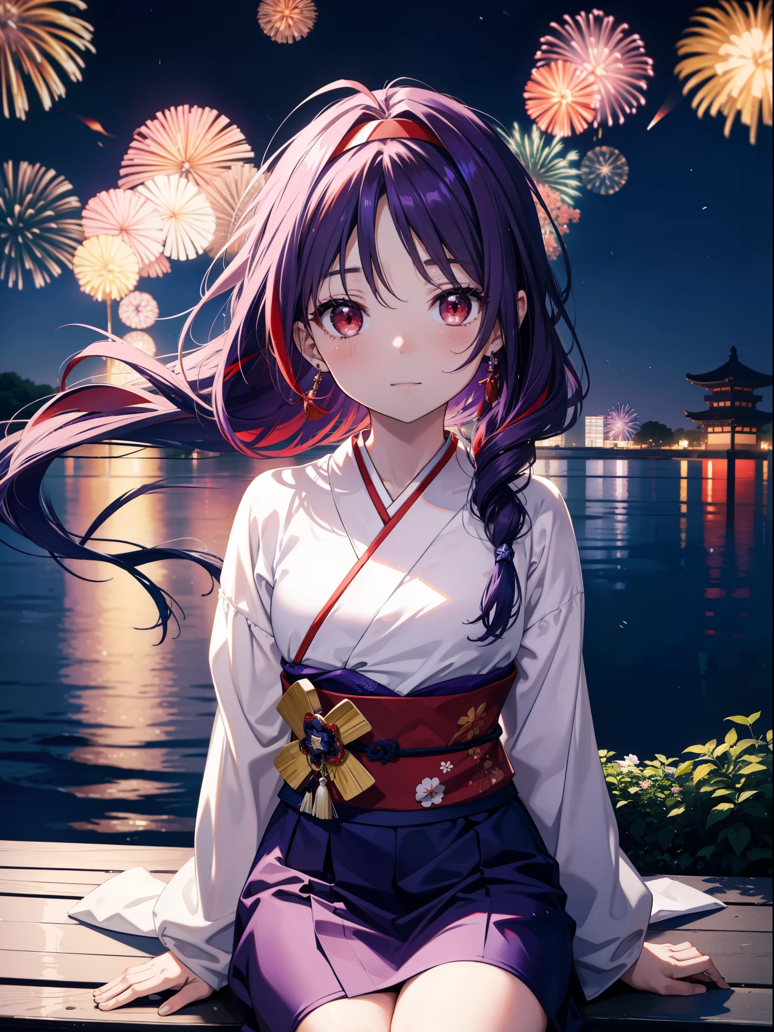 yuukikonno, Yuuki Konno, hair band, Long Hair, Pointed Ears, Purple Hair, Ahoge,(Red eyes:1.5), (Small breasts:1.2),low twin tail,smile,blush,Open your mouth,Purple Kimono,Purple long skirt,Fireworks in the night sky,Fireworks,The place is a fireworks display,Time is night,sunny day,Sitting on a bench,Wind Chimes,whole bodyがイラストに入るよう,
break looking at viewer, , whole body, (Cowboy Shot:1. 5)
break indoors, Veranda,Japanese garden,
break (masterpiece:1.2), Highest quality, High resolution, unity 8k wallpaper, (figure:0.8), (Beautiful attention to detail:1.6), Highly detailed face, Perfect lighting, Highly detailed CG, (Perfect hands, Perfect Anatomy),
