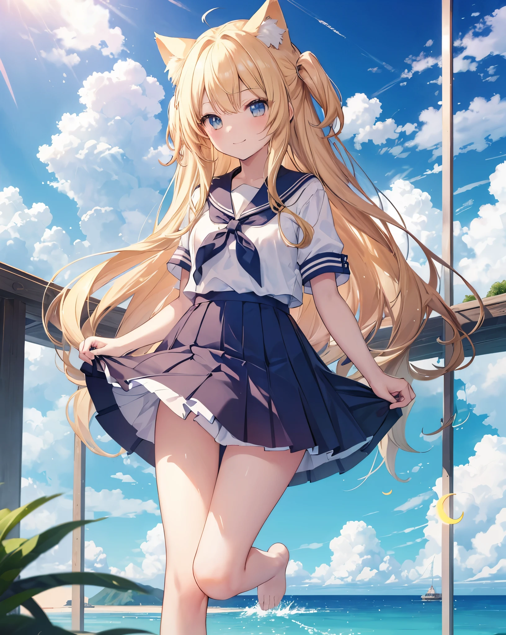 (Highest quality, Masterpiece: 1.2), (Solo), neko ears Anime coloring book, 4K quality, (((Girl))), blonde hair, cat ears, cat tail, neko ears, neko tail, little happy smile, Sailor uniform, Bare feet, Pleated skirt, A girl immersed in the world of anime High school description Noise, beach, blue sky, clouds, cloudy sky, dewy road, sun, horizon, ocean, landscape, sky, skyline, blue sky and white clouds, fantastic light, beautiful light, mirror, mysterious, Beautiful, clear water, mirror world, dream, heaven, stairs, diving, cliff, rainbow, aurora, mirage, moon, planet, meteorite. she's jumping and splashing water