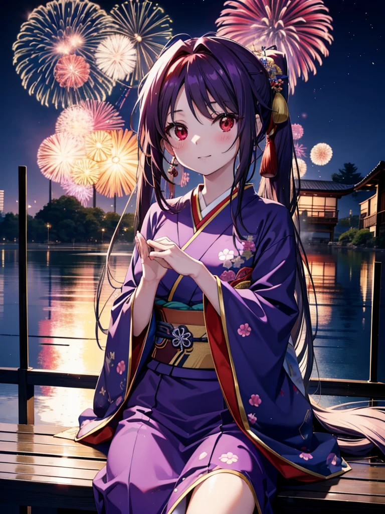 yuukikonno, Yuuki Konno, hair band, Long Hair, Pointed Ears, Purple Hair, Ahoge,(Red eyes:1.5), (Small breasts:1.2),low twin tail,smile,blush,Open your mouth,Purple Kimono,Purple long skirt,Fireworks in the night sky,Fireworks,The place is a fireworks display,Time is night,sunny day,Sitting on a bench,Wind Chimes,whole bodyがイラストに入るよう,
break looking at viewer, , whole body, (Cowboy Shot:1. 5)
break indoors, Veranda,Japanese garden,
break (masterpiece:1.2), Highest quality, High resolution, unity 8k wallpaper, (figure:0.8), (Beautiful attention to detail:1.6), Highly detailed face, Perfect lighting, Highly detailed CG, (Perfect hands, Perfect Anatomy),