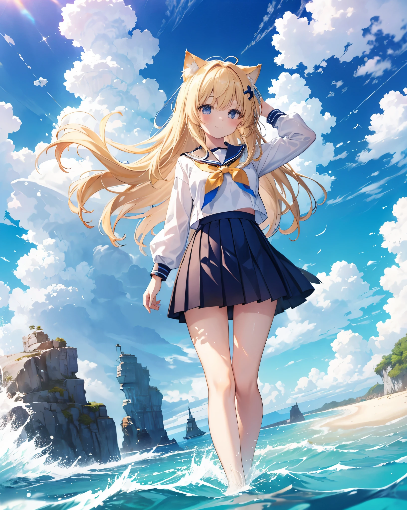 (Highest quality, Masterpiece: 1.2), (Solo), neko ears Anime coloring book, 4K quality, (((Girl))), blonde hair, cat ears, cat tail, neko ears, neko tail, little happy smile, Sailor uniform, Bare feet, Pleated skirt, A girl immersed in the world of anime High school description Noise, beach, blue sky, clouds, cloudy sky, dewy road, sun, horizon, ocean, landscape, sky, skyline, blue sky and white clouds, fantastic light, beautiful light, mirror, mysterious, Beautiful, clear water, mirror world, dream, heaven, stairs, diving, cliff, rainbow, aurora, mirage, moon, planet, meteorite.