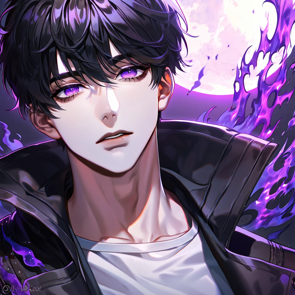absurdres, highres, ultra detailed, HDR, masterpiece, extremely detailed face and eyes, Sung Jinwoo, solo leveling, black hair, expressive purple eyes, black coat, white shirt, purple moon, purple flames, solo, man, handsome