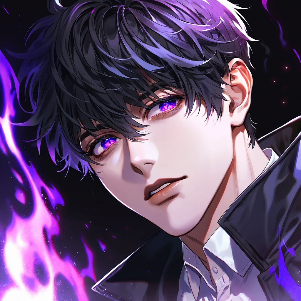 absurdres, highres, ultra detailed, HDR, masterpiece, extremely detailed face and eyes, Sung Jinwoo, solo leveling, black hair, expressive purple eyes, black coat, white shirt, purple moon, purple flames, solo, man, handsome