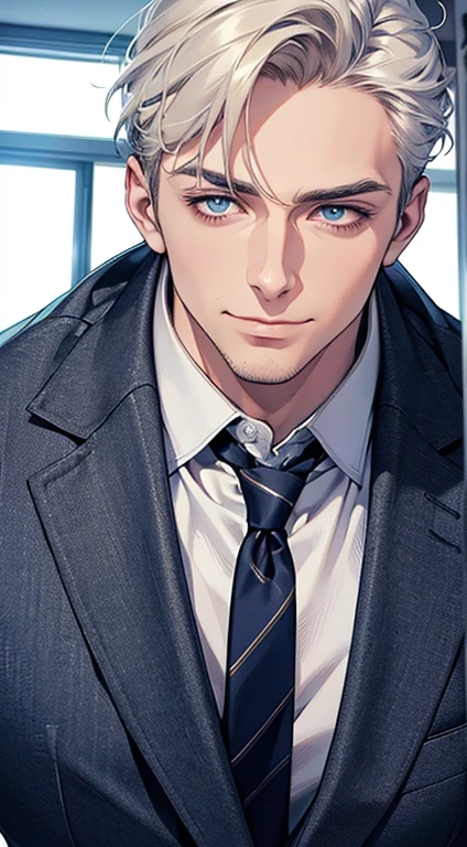 (best quality,4k,8k,highres,masterpiece:1.2),ultra-detailed,(realistic,photorealistic,photo-realistic:1.37),1 man,31 years old,mature man,very handsome,without expression,smile,short white hair,blue eyes,penetrating gaze,perfect face without errors,imposing posture,businessman,office background,cinematic lighting,hdr image