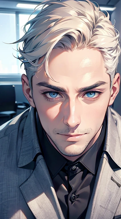 (best quality,4k,8k,highres,masterpiece:1.2),ultra-detailed,(realistic,photorealistic,photo-realistic:1.37),1 man,31 years old,mature man,very handsome,without expression,smile,short white hair,blue eyes,penetrating gaze,perfect face without errors,imposing posture,businessman,office background,cinematic lighting,hdr image