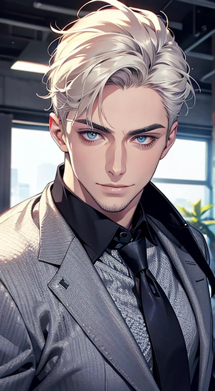 (best quality,4k,8k,highres,masterpiece:1.2),ultra-detailed,(realistic,photorealistic,photo-realistic:1.37),1 man,31 years old,mature man,very handsome,without expression,smile,short white hair,blue eyes,penetrating gaze,perfect face without errors,imposing posture,businessman,office background,cinematic lighting,hdr image