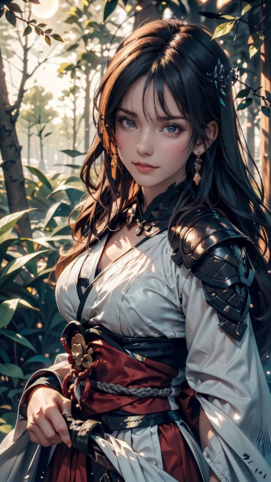 (Close-up shot:1.5), Japanese Samurai, Armor、Night forest glade background, (evening), moonlight, Bokeh, (Art by Jeremy Mann and Edvard Munch), Beautiful composition, Complementary Color, masterpiece, Awards、24-year-old woman、Sexy proportions、Sexy