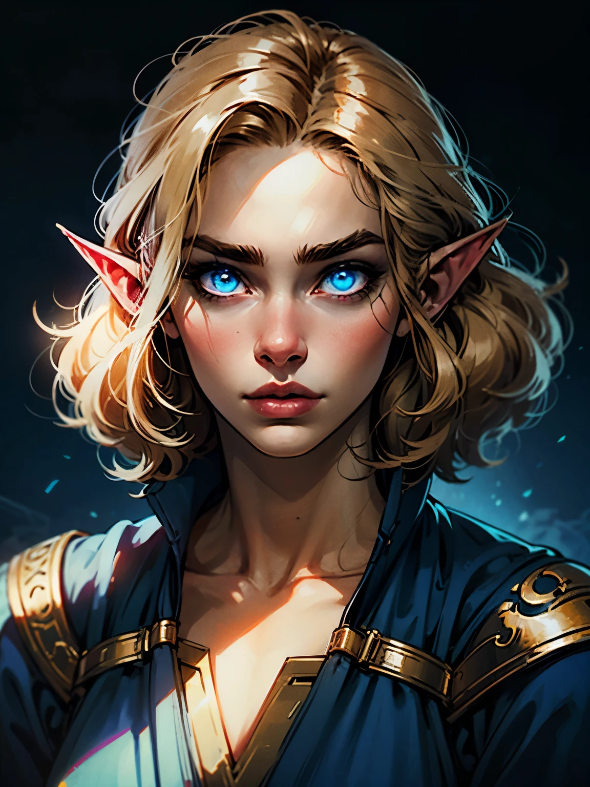  beautiful blond elven woman in her 30s, with blue eyes and striking features, exuding maturity and allure in a seductive pose.(dark-blue background), pointy ears, glowing eyes, beauty, blond medium hair, an14