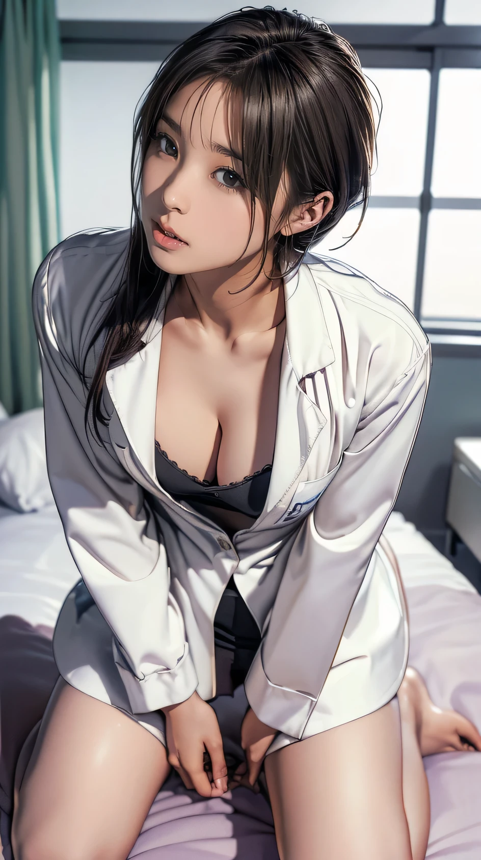 (Highest quality,8k,High resolution,Tabletop:1.2),Very detailed,(Realistic,that&#39;s Realistic,Realistic:1.37),30 years old、clinic、(((Beautiful dental hygienist)))、(((Appearance during treatment)))、(don&#39;t wear panties)), (((Leaning forward to observe the patient)))、(((Independent Lab Coat)))、(8k、Highest quality、masterpiece:1.2)、(Realisticな、Realistic:1.2)、 (((Crossing your legs)))、(((disheveled lab coat)))、(((Kneeling and crossing)))、alone、hospital、Staring at the audience、(Sit on the bed:1.5)、(((Hospital room)))、Skirt, Nurse&#39;s coat, socks, Black-haired, Blurred, Blurred、Emphasize the cleavage – Emphasize the cleavage – Emphasize the cleavage