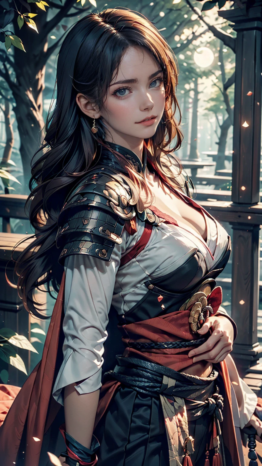 (Close-up shot:1.5), Japanese Samurai, Armor、Night forest glade background, (evening), moonlight, Bokeh, (Art by Jeremy Mann and Edvard Munch), Beautiful composition, Complementary Color, masterpiece, Awards、24-year-old woman、Sexy proportions、Sexy
