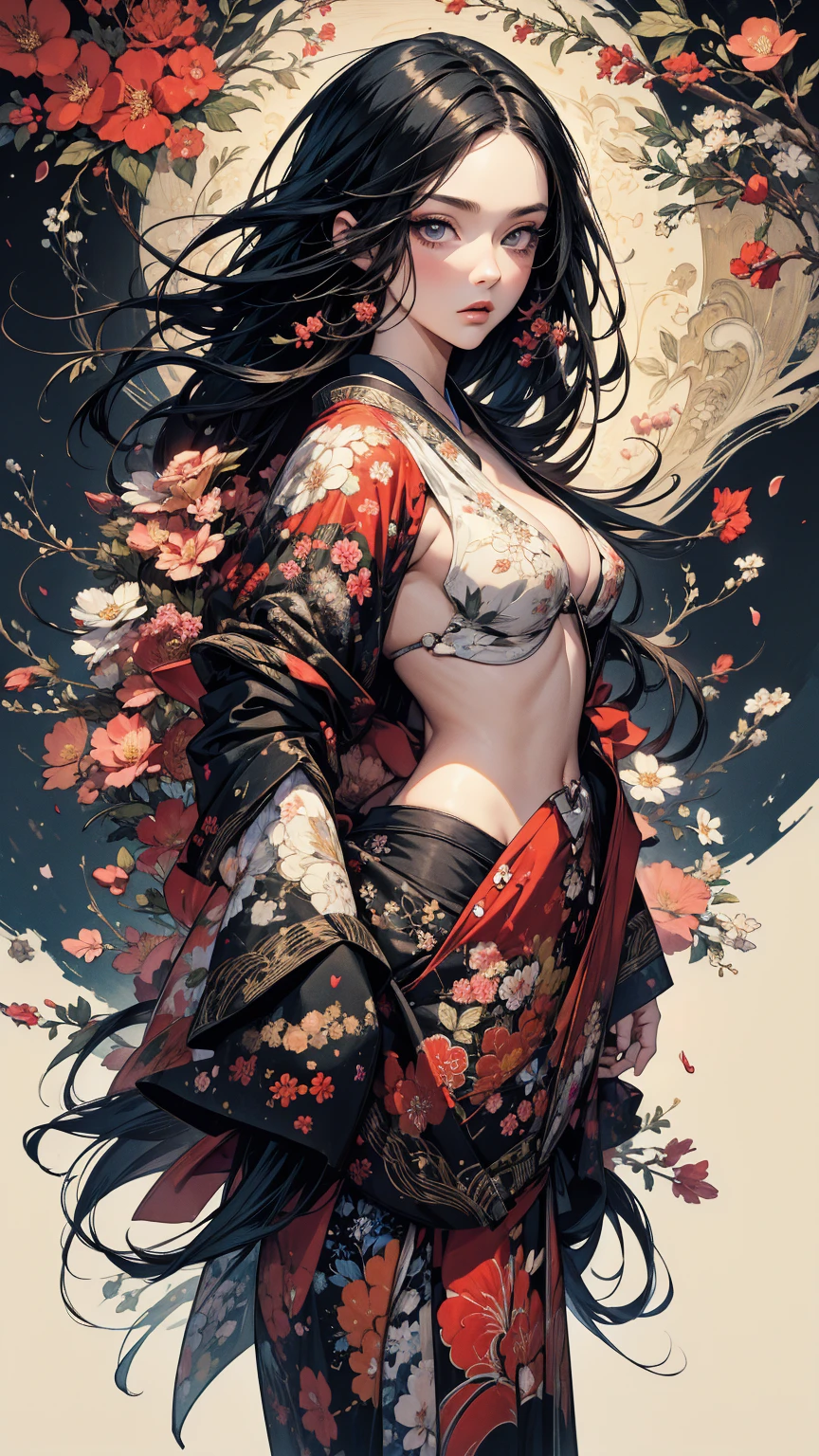 ((Extremely detailed CG unit 8k wallpaper, Masterpiece, high resolution, top quality, top qualityのリアルテクスチャスキン)), (a very beautiful woman, plump lips, big breasts,upper part of body, Posing like a model:1.5, Upper body completely naked, Japanese pattern super mini shorts:1.2), (A black-haired one, messy hair, white skinned, Show belly), ((Colored background design, Japanese pattern background, warm color)), (Surreal, number),