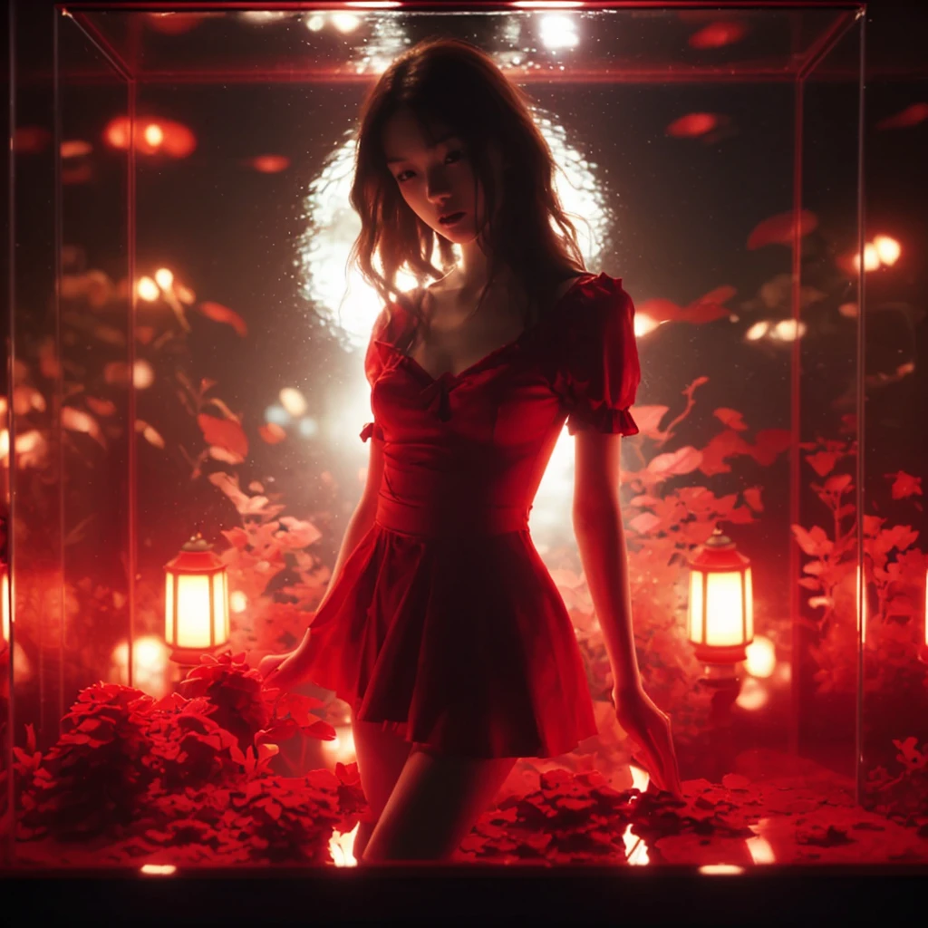 backlight dramatic night photography, night scene, 40 years japanese slender pretty women, pale face, curve body, very messy brown hair, wearing red flower mini dress, posing inside red glass aquarium display, red lamp source of light, sensual make up, epicrealism, film dramatic realism, pre-raphaelite realism, low tone photography, hard focus realism --ar 36:61 --stylize 750 --v6