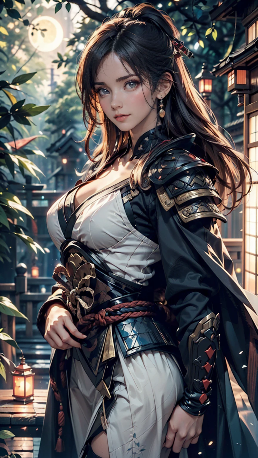 (Close-up shot:1.5), Japanese Samurai, Armor、Night forest glade background, (evening), moonlight, Bokeh, (Art by Jeremy Mann and Edvard Munch), Beautiful composition, Complementary Color, masterpiece, Awards、24-year-old woman、Sexy proportions、Sexy