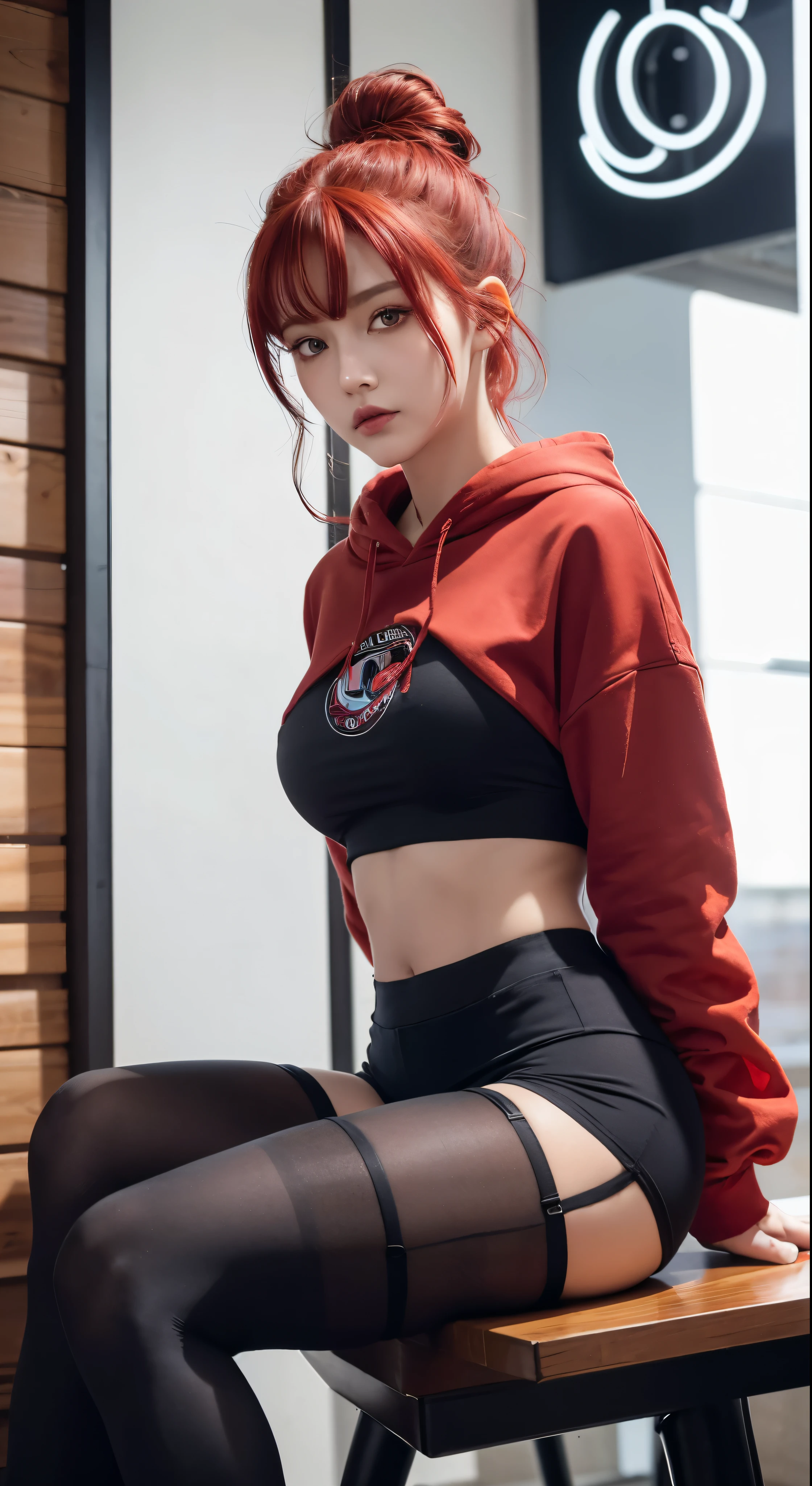 1 girl, Red hair, updo hairstyle, streaks of hair in face, red eyes, mascara, oversized hoodie, midriff, hot pants, tights, laced tights, bags under eyes, sitting, coffee shop, ground angle shot, viewer looking up, feet in tights,  saggy tits, chocker, raw photography, 8k, masterwork,