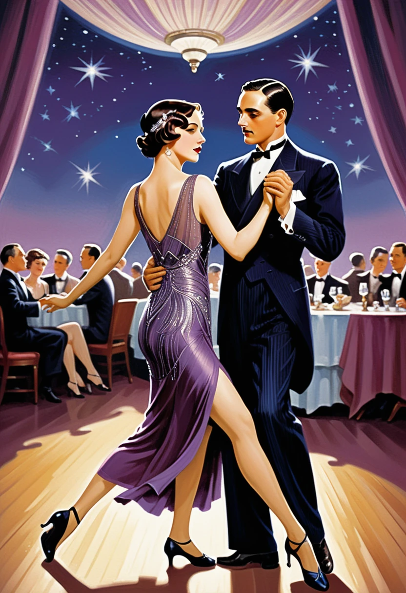 Dancing the tango男女, Art Deco Ballroom, 1920s, man facing forward, Woman turning away from the viewer, Dancing the tango, The woman is wearing a long, tight purple dress, A small star shines in the dark blue sky, Detailed facial features, Beautiful dress, Formal attire, Dramatic lighting, Warm color palette, high quality,