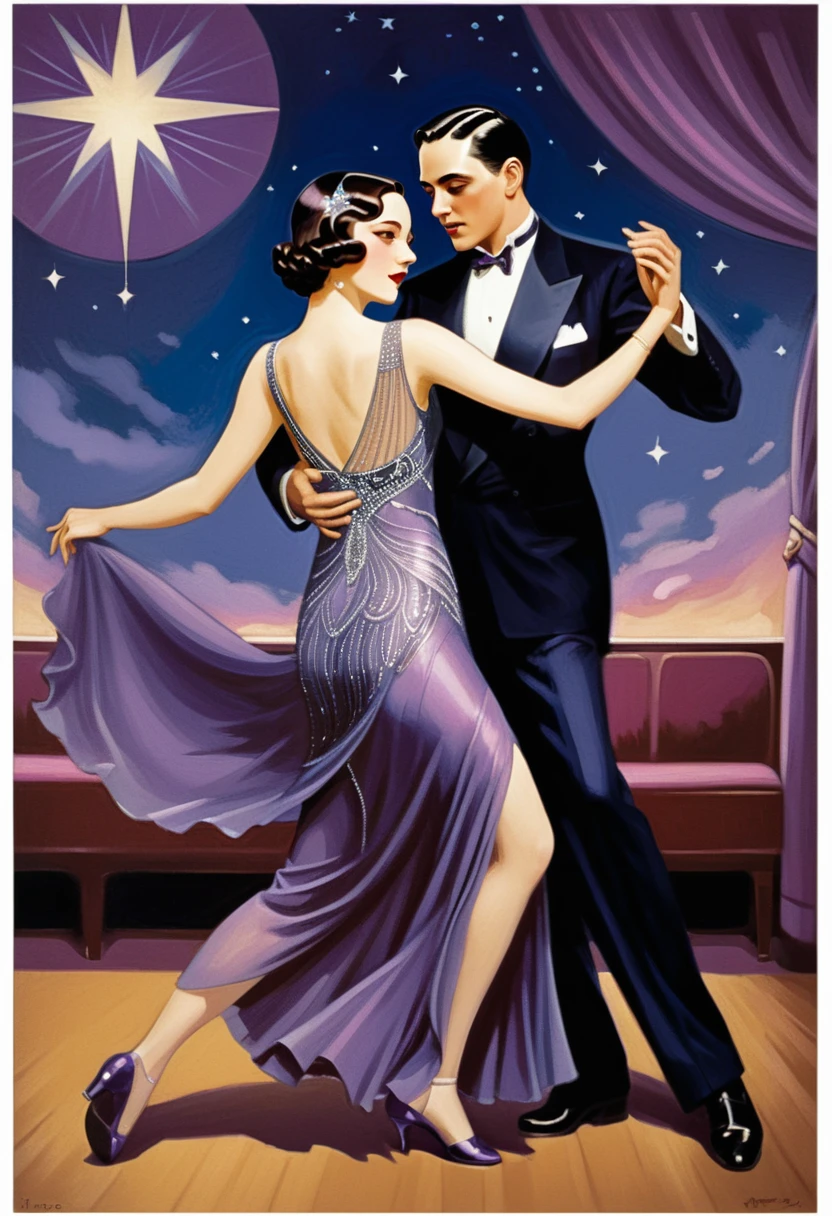 Dancing the tango男女, Art Deco Ballroom, 1920s, man facing forward, Woman turning away from the viewer, Dancing the tango, The woman is wearing a long, tight purple dress, A small star shines in the dark blue sky, Detailed facial features, Beautiful dress, Formal attire, Dramatic lighting, Warm color palette, high quality,