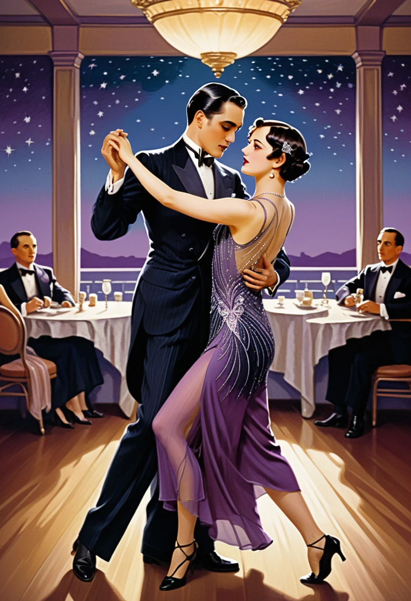Dancing the tango男女, Art Deco Ballroom, 1920s, man facing forward, Woman turning away from the viewer, Dancing the tango, The woman is wearing a long, tight purple dress, A small star shines in the dark blue sky, Detailed facial features, Beautiful dress, Formal attire, Dramatic lighting, Warm color palette, high quality,