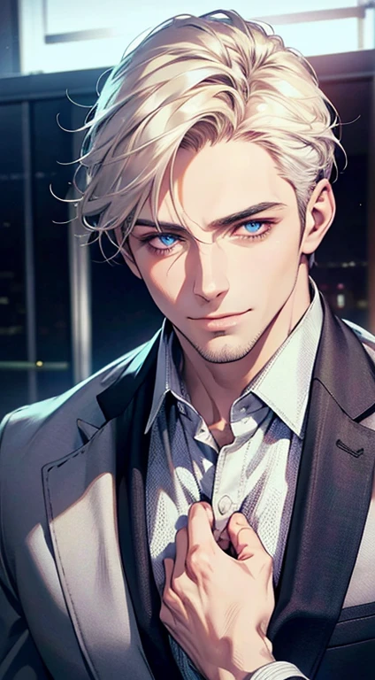 (best quality,4k,8k,highres,masterpiece:1.2),ultra-detailed,(realistic,photorealistic,photo-realistic:1.37),1 man,31 years old,mature man,very handsome,without expression,smile,short white hair,blue eyes,penetrating gaze,perfect face without errors,imposing posture,businessman,office background,cinematic lighting,hdr image