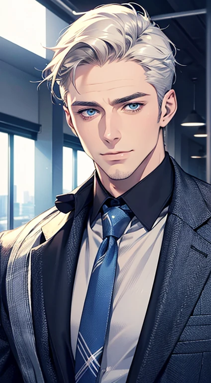 (best quality,4k,8k,highres,masterpiece:1.2),ultra-detailed,(realistic,photorealistic,photo-realistic:1.37),1 man,31 years old,mature man,very handsome,without expression,smile,short white hair,blue eyes,penetrating gaze,perfect face without errors,imposing posture,businessman,office background,cinematic lighting,hdr image