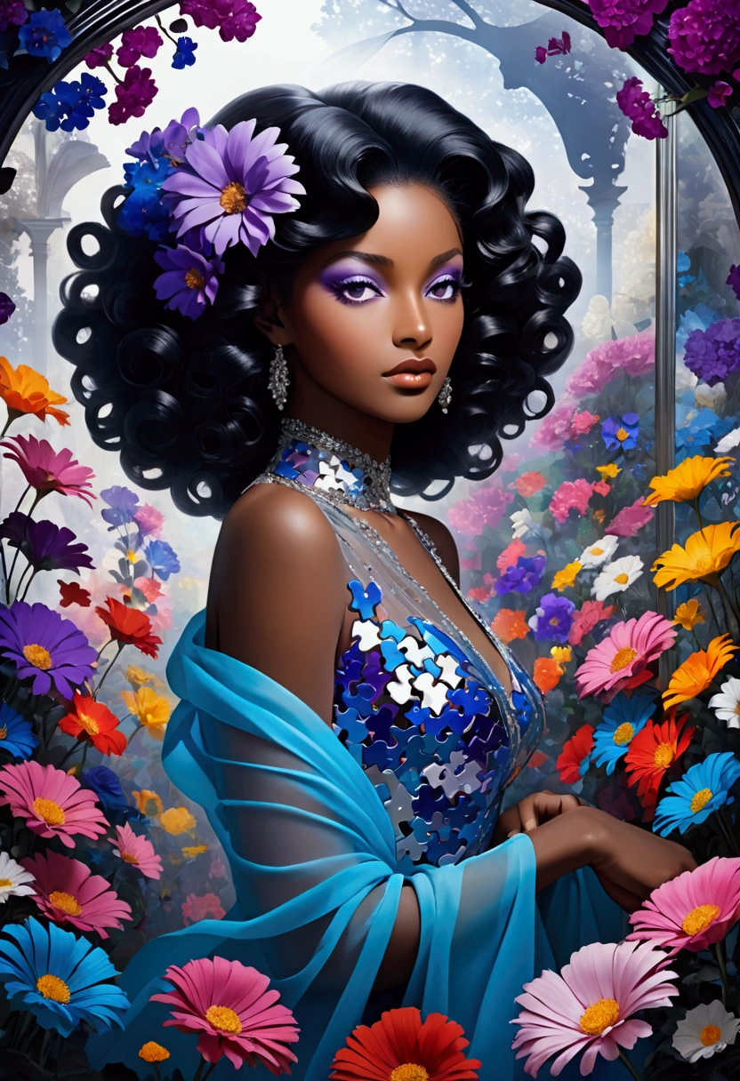 A wide-angle photo，Lillian Bassman Style, A beautiful black woman，With curly hair，Wear haute couture，In a transparent glass museum，The whole scene is filled with blue and purple puzzle pieces，Flowers, Hyper-realistic images，32K，Ultra HD，illumination