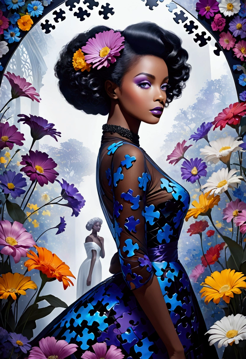 A wide-angle photo，Lillian Bassman Style, A beautiful black woman，With curly hair，Wear haute couture，In a transparent glass museum，The whole scene is filled with blue and purple puzzle pieces，Colorful flowers background, Hyper-realistic images，32K，Ultra HD，illumination