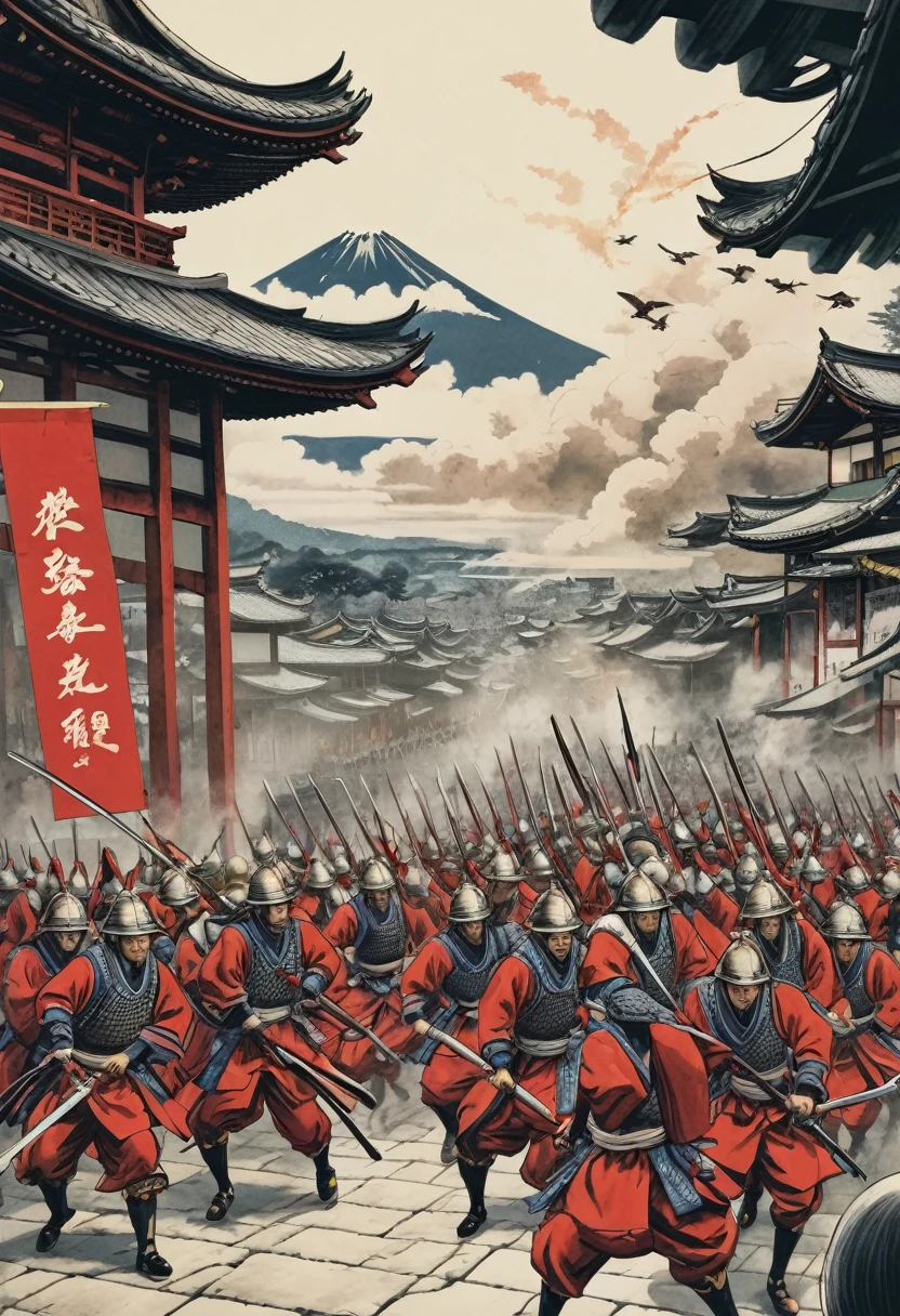 A dramatic scene of the Honno-ji Incident, with Akechi Mitsuhide leading his troops in a surprise attack against the temple.