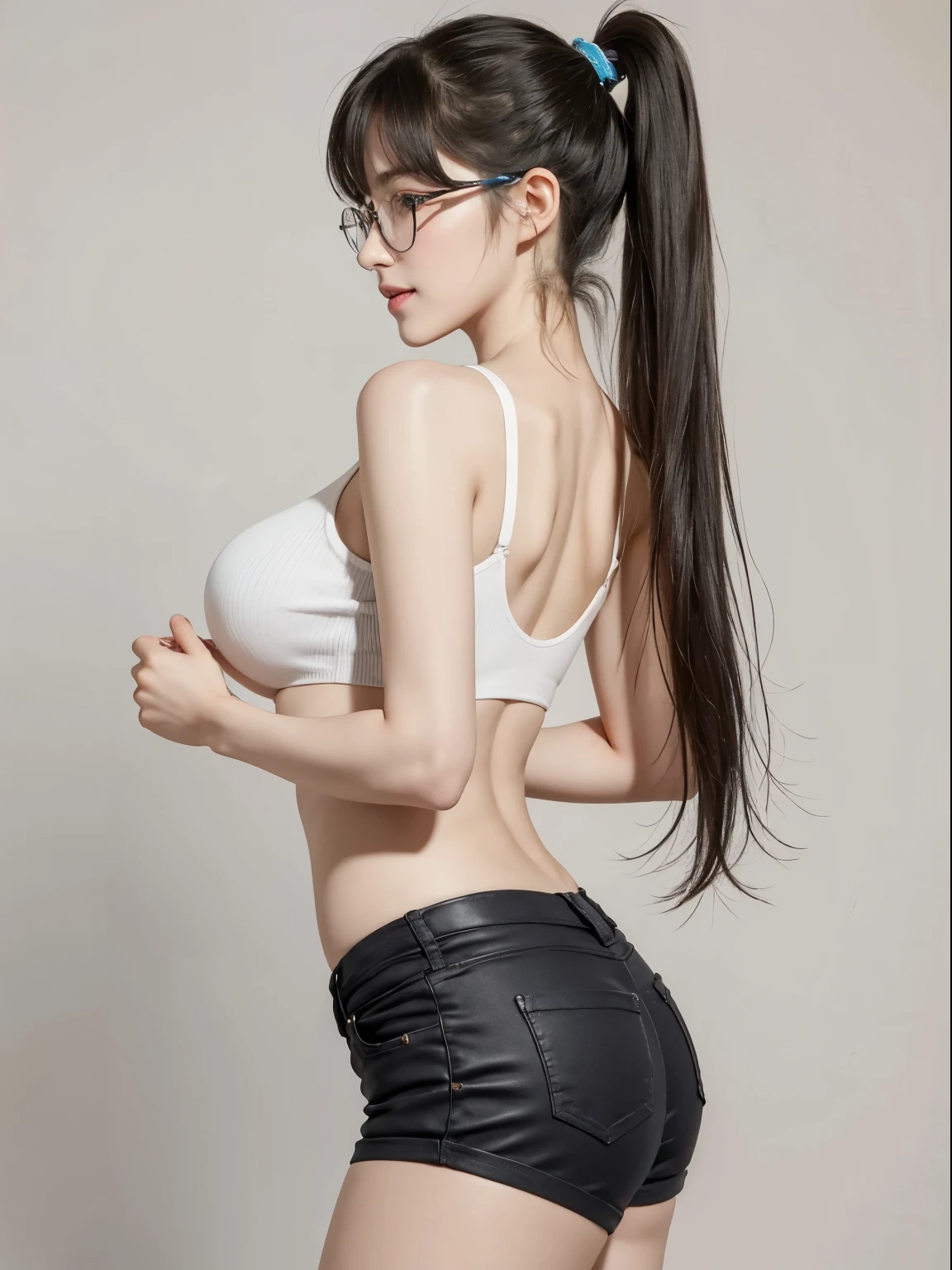 (Best quality, masterpiece, detailed), (RAW, 4k, hd images), shy, 1 girl, , white skin, long hair, ponytail, layers hair, bangs, black hair, beautiful girl, cute girl, sweet girl, pretty girl, perfect girl, pretty eyes, blue eyes, thin lips, thin, eye line, huge breast, glasses(detailed frame), simple background, smile, thigh, legs, crop tanktop, short pants, standing, back side angle capture, half body, side breast, big breast, large breast