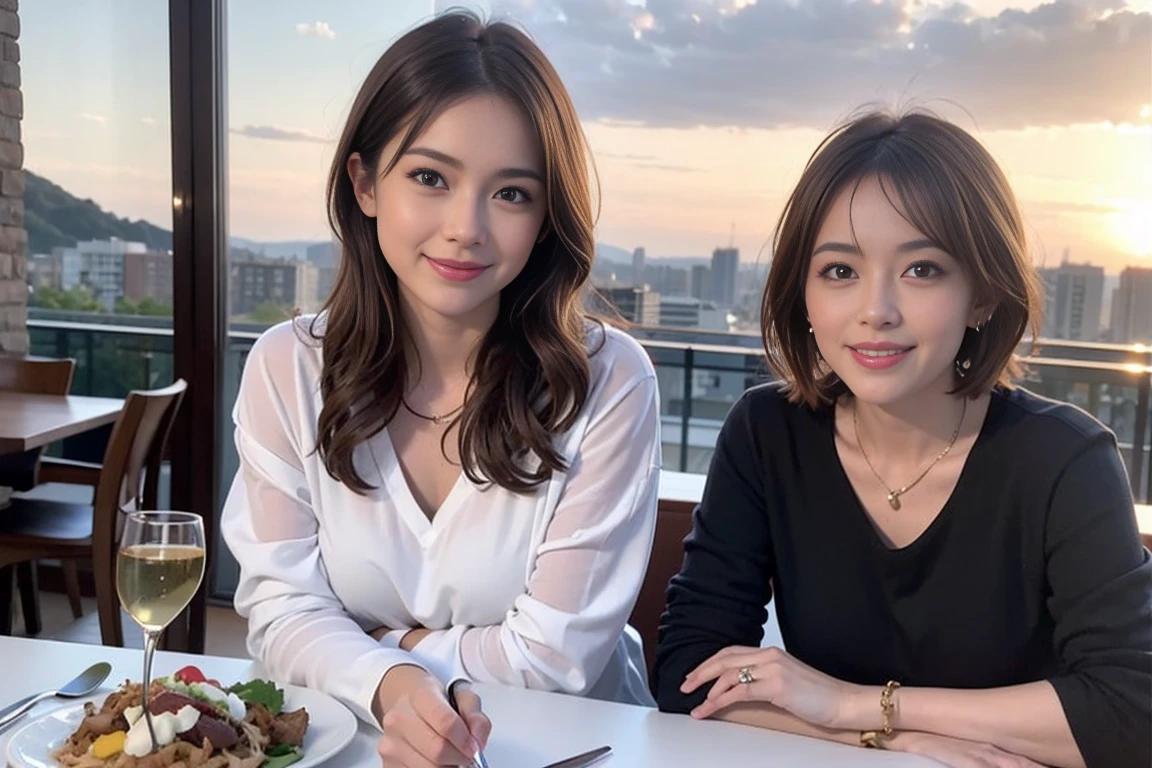 (Realistic:1.1),(masterpiece,Highest quality),8k,(49 years old), 50 years old, slimカップル、Tight waist,Upper Body,full-course dinner、wine 、Amazing view of the sunset sky and clouds、Perfect Anatomy, Brown Hair, short hair,Random Hairstyles,((Highly detailed face and eyes:1.2)),Perfect golden ratio face,Long sleeve shirt、dress,(smile:1.2)、Shortcuts、cute、(Realistic, Intricate details:1.2), A bright smile、short hair,Bright Face、赤wine 、Appetizers、Italian food、wine bottle、Champagne、スパークリングwine、(slimな顔), (The body is slim), (Brown Hair), (Shortcuts), Upper Body, 白wine, slim, wineグラス,