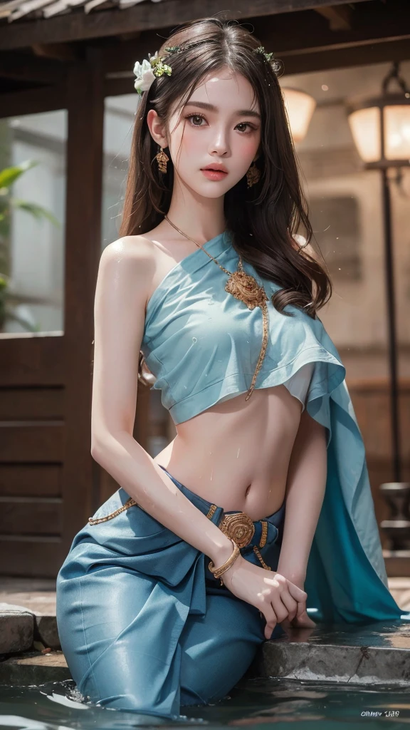 (RAW photos:1.2), (realistic:1.4), (Masterpiece:1.3), (best quality:1.4), Ultra high resolution, (Detailed eyes), (Detailed facial features), (Detailed clothing features), HDR, 8K resolution, focus only, Dressing according to Thai tradition, Traditional shawl , 1 woman , big breasts, A gigantic rift, big breastsดันเสื้อผ้า, big breast, Your breasts will grow to their full size...., Make your breasts bigger.., small waist, Long legs, Facing the audience, full body, depth of field, Cinema-grade lighting system, big breasts, Too big for your body, Revealing a flat stomach, The lower half of the chest can be seen...., Sexy sitting posture, Pictures from eye-catching angles, Correct picture composition, The picture is complete.., waterตกไหล, แม่waterไหล, Masterpiece:1.2, Highly detailed, realistic, cinematic scene, slim and perfect figure, perfect body proportions, 16ก, Portrait, dynamic gesture, dynamic elements, water, surrounded by heavy water:1.2, Motion blurred image, long exposure, at the sea coast, martial arts, light blue tone, water magic, (water element:1.2), water goddess, xuer martial arts, The details on the face are crazy., close up, water droplets on the skin:1.2, water drips all over her body:1.2, water droplet on her face:1.2, wet body:1.2, Selective focus