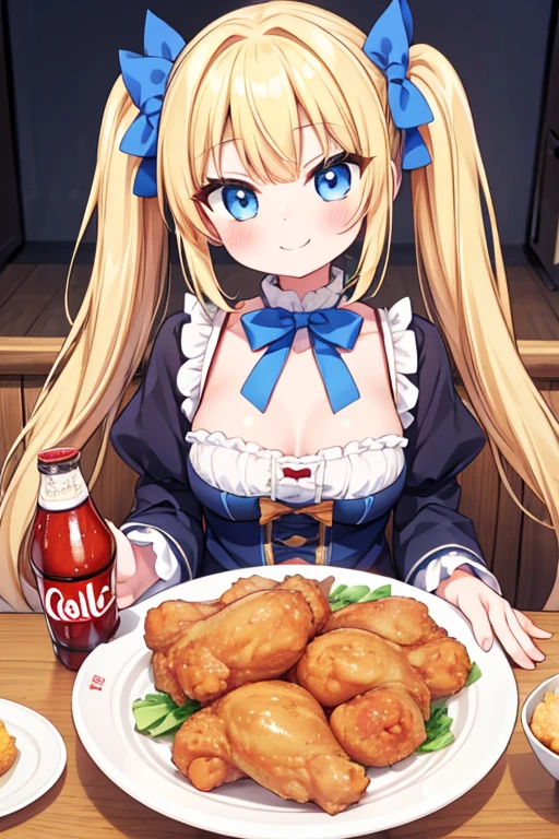 嬉しそうなsmile,Eat a giant fried chicken,big fried chicken,Cola,Highest quality,Blonde with blue eyes、Lolita、Small breasts、Twin tails、girl&#39;enjoy,smile,bonnet,