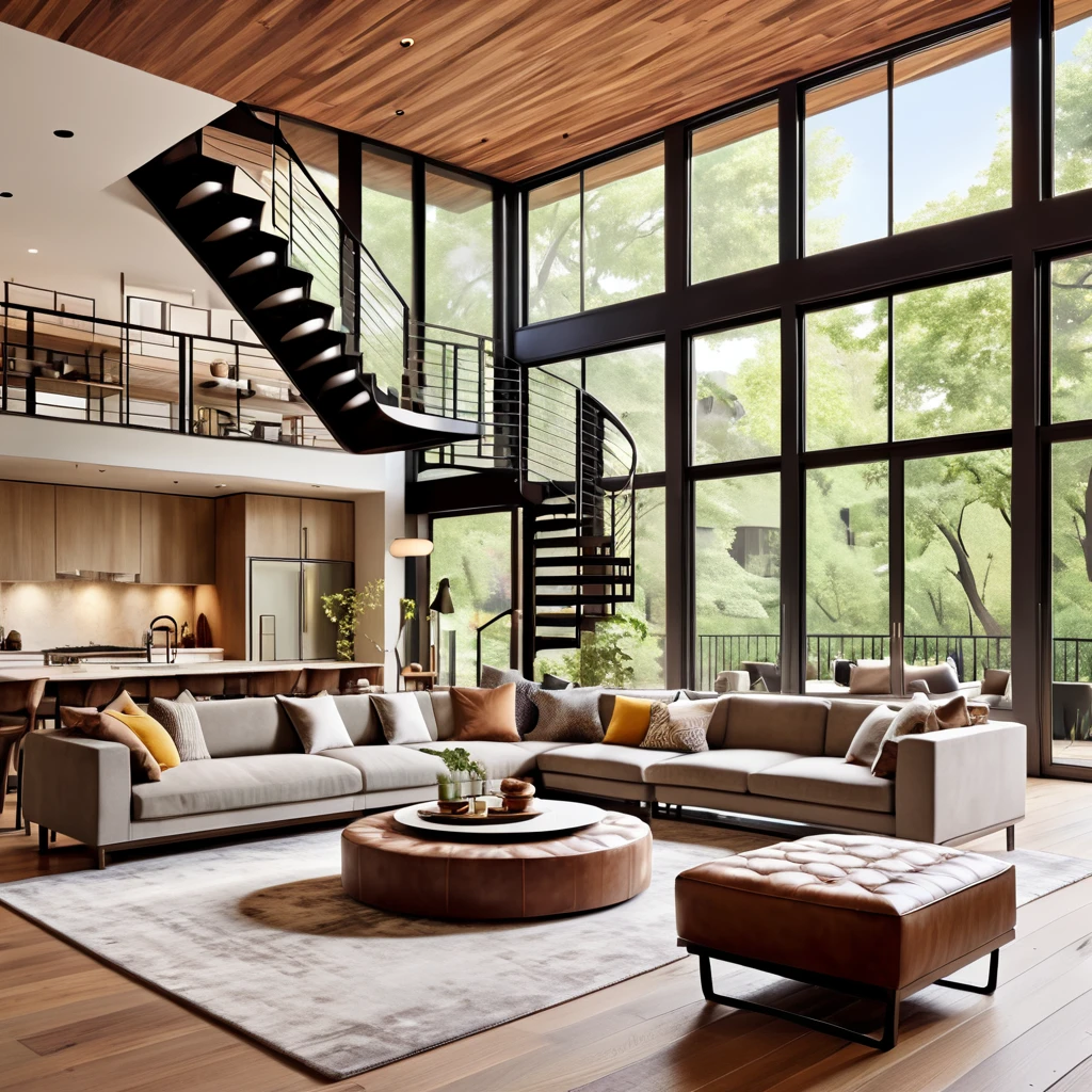 Create a chic and inviting loft apartment with a modern aesthetic. The living area should include a cozy sectional sofa in earthy tones, complemented by a large ottoman and a soft area rug. The room features a spiral staircase that leads to an upper loft space, adding architectural interest. The dining area is equipped with a round table and stylish chairs, while the kitchen area has modern cabinets and appliances. Ensure the space is bright and airy with ample natural light, and decorate with minimalistic yet tasteful decor elements