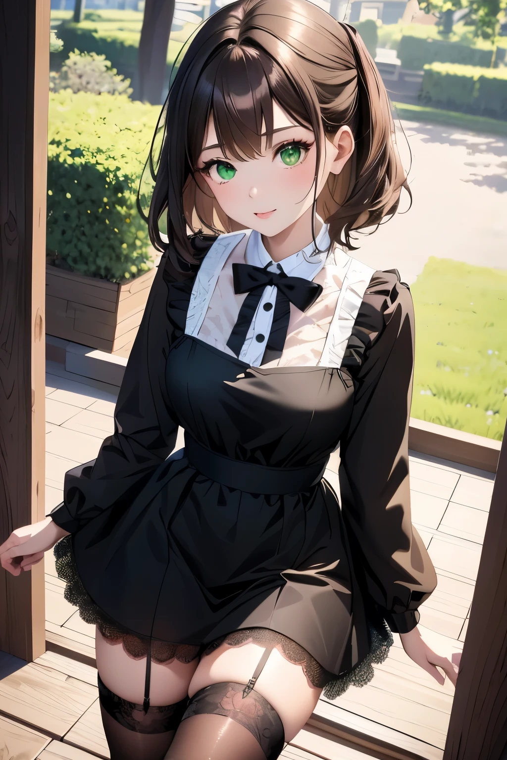 ((masterpiece, Highest quality, High resolution, 超High resolution, Pixel perfect, Written boundary depth, 4K, RTTX 10.0, High resolution))), 1 girl, single, alone, Beautiful Anime Girls, Beautiful art style, Anime characters, ((Shortcuts, bangs, Dark brown hair)), ((Green Eyes:1.4, Round eyes, Beautiful eyelashes, current eyes)), ((Smooth texture:0.75, Anime CG style)), Medium chest, ((Dynamic Angle, close)), Perfect body, (pretty girl), 1girl, solo, wearing a kawaii fashion outfit, outfit features a pink blouse with black lace trim and a large bow at the collar, The blouse is paired with a black high-waisted skirt with lace-up details, The person is also wearing black knee-high socks with lace tops, The overall look is cute and elegant, Outdoor, wood, Depth of written boundary,